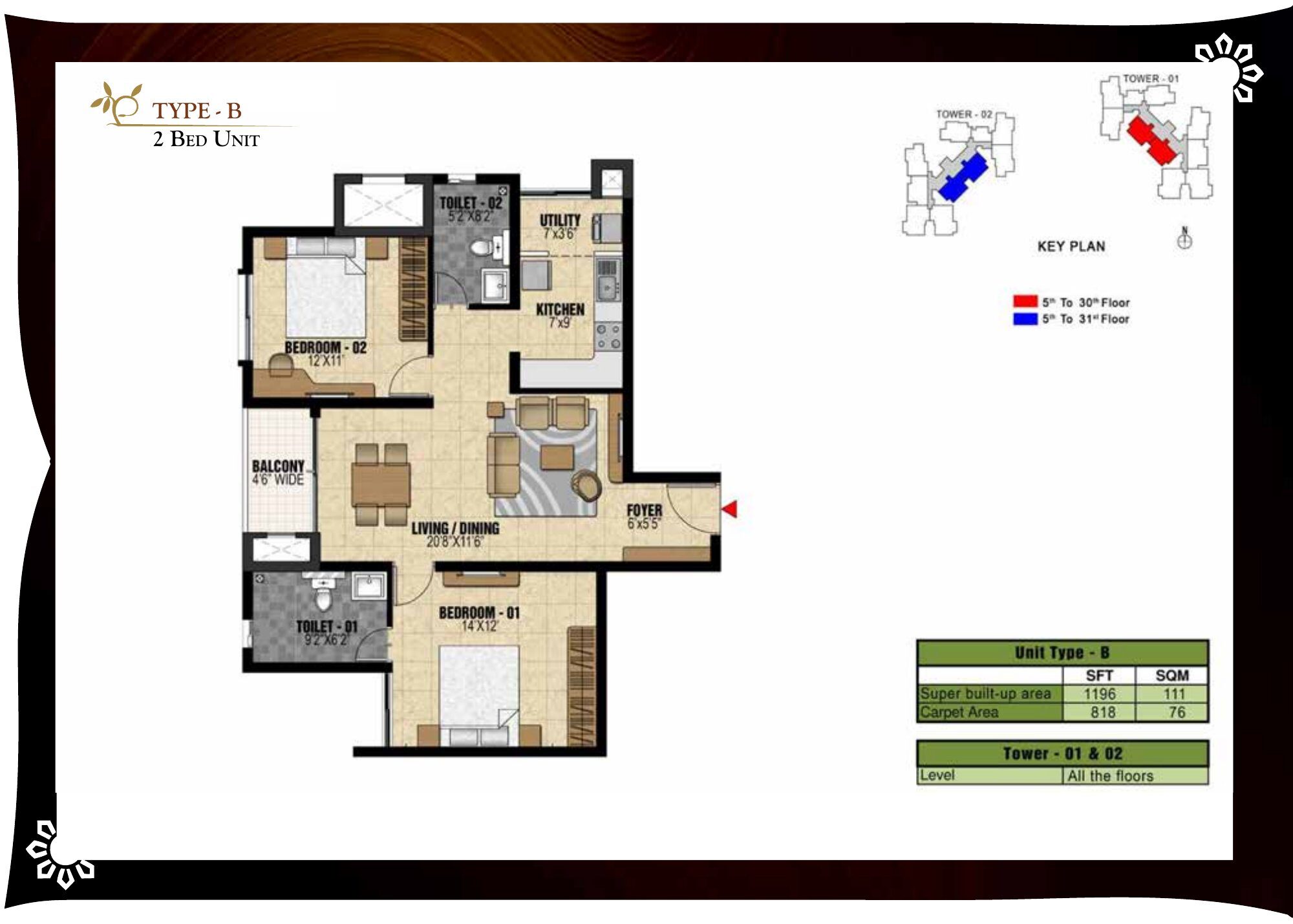 Prestige Valley Crest — Type B — Super built-up 1,196 sq ft, carpet 818 sq ft (p.18)