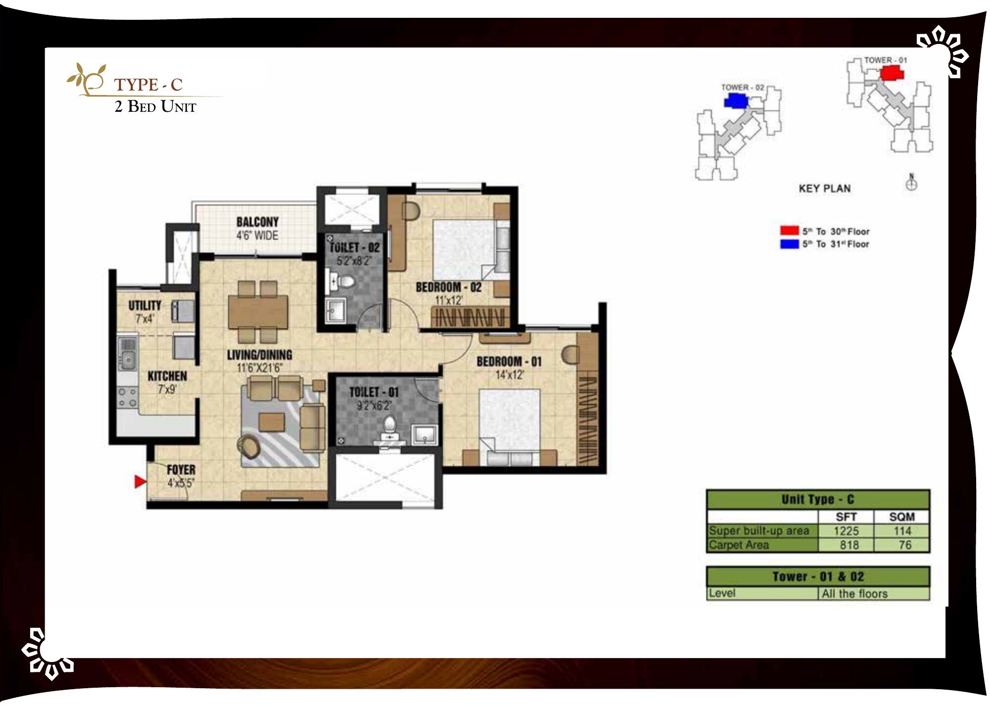 Prestige Valley Crest — Type C — Super built-up 1,225 sq ft, carpet 818 sq ft (p.19)