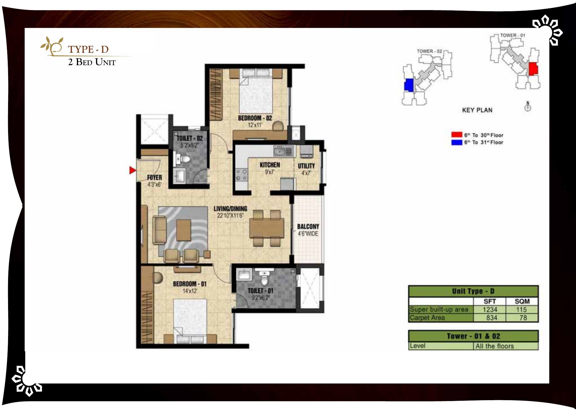 Prestige Valley Crest — Type D — Super built-up 1,234 sq ft, carpet 834 sq ft (p.22)