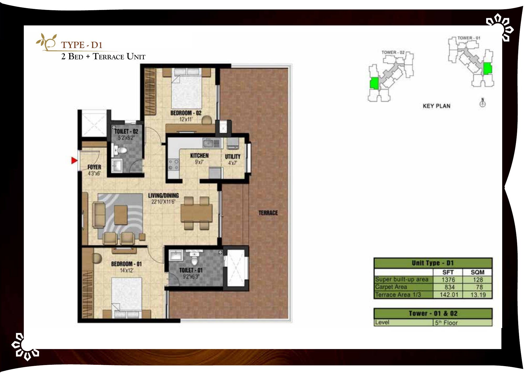 Prestige Valley Crest — Type D1 — Super built-up 1,376 sq ft, carpet 834 sq ft (p.23)