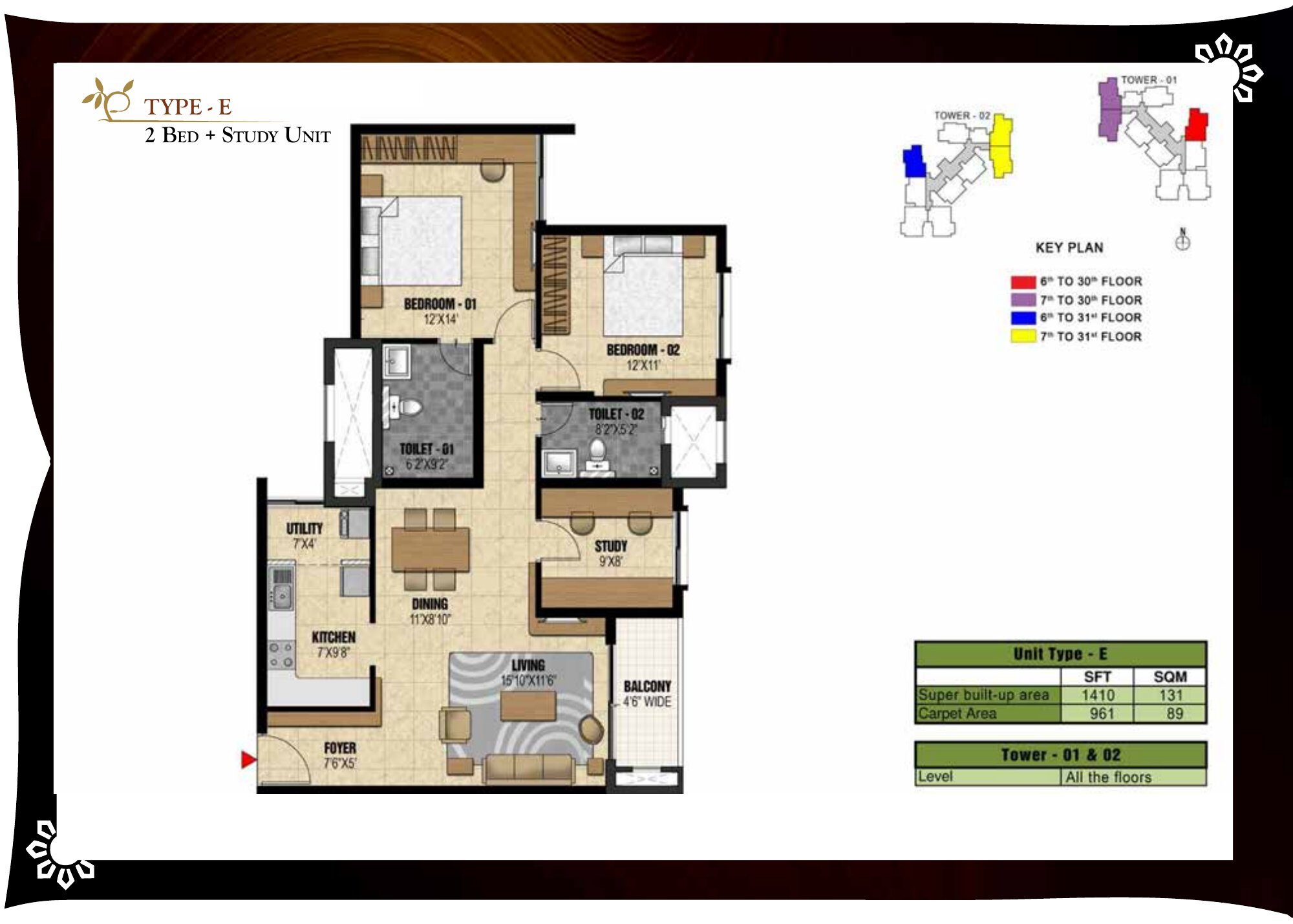 Prestige Valley Crest — Type E — Super built-up 1,410 sq ft, carpet 961 sq ft (p.26)