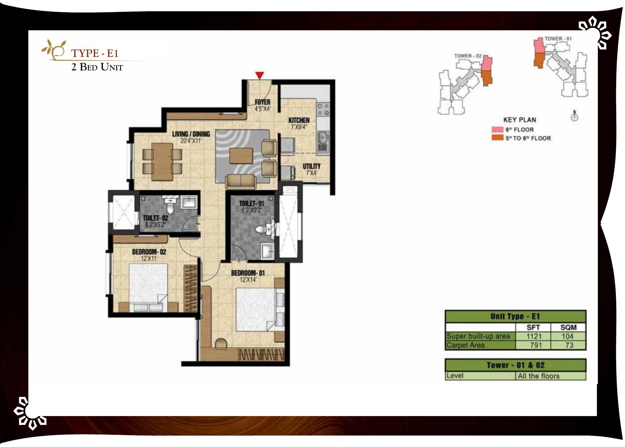 Prestige Valley Crest — Type E1 — Super built-up 1,121 sq ft, carpet 791 sq ft (p.27)
