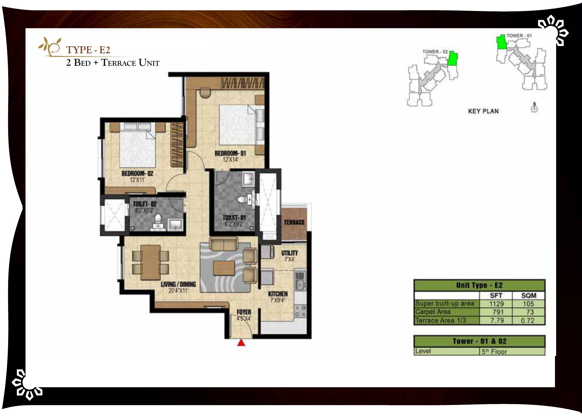 Prestige Valley Crest — Type E2 — Super built-up 1,129 sq ft, carpet 791 sq ft (p.30)