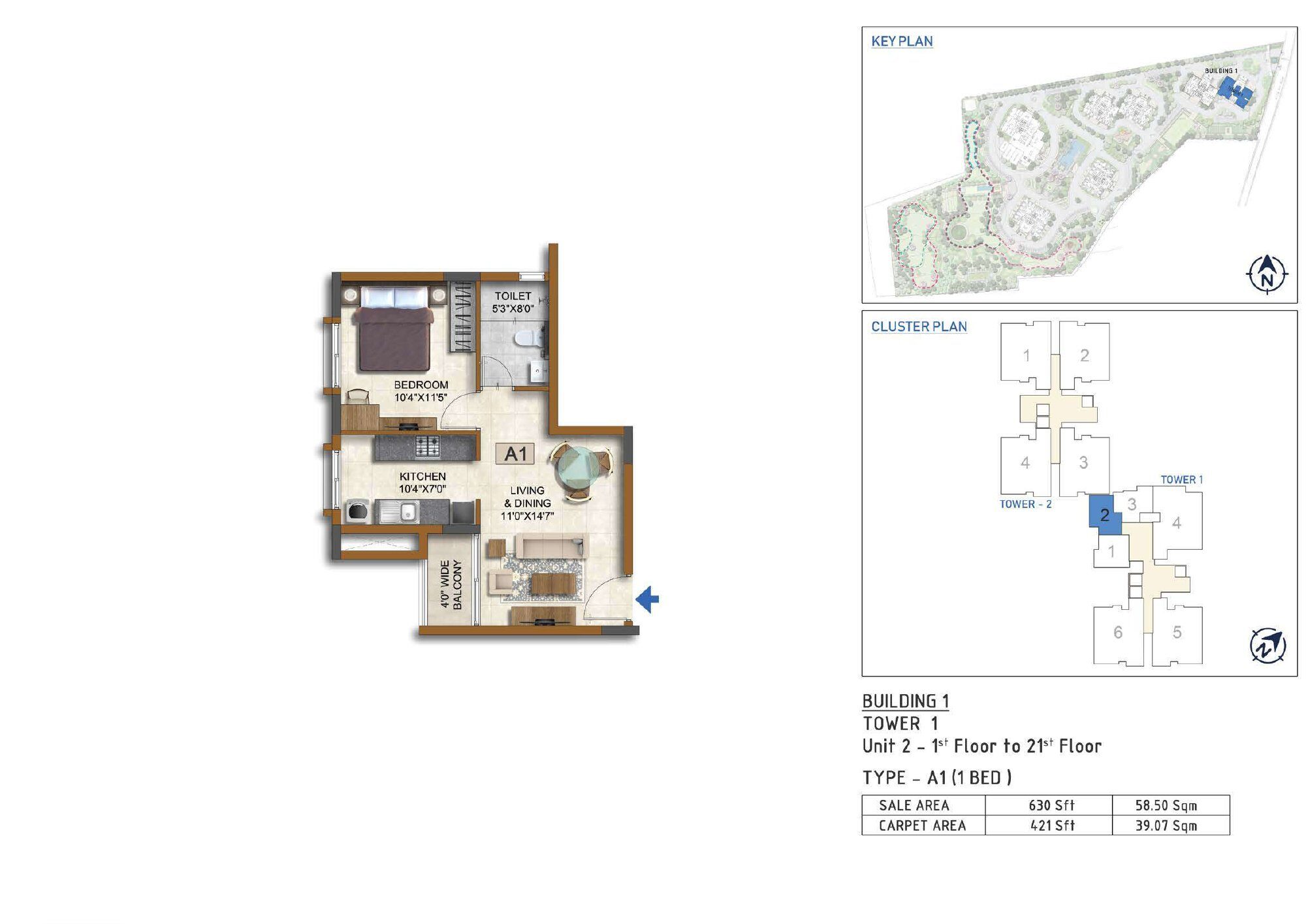 Prestige Waterford — Type A1 · 1 BHK — Saleable 630 sq ft, carpet 421 sq ft (p.11)