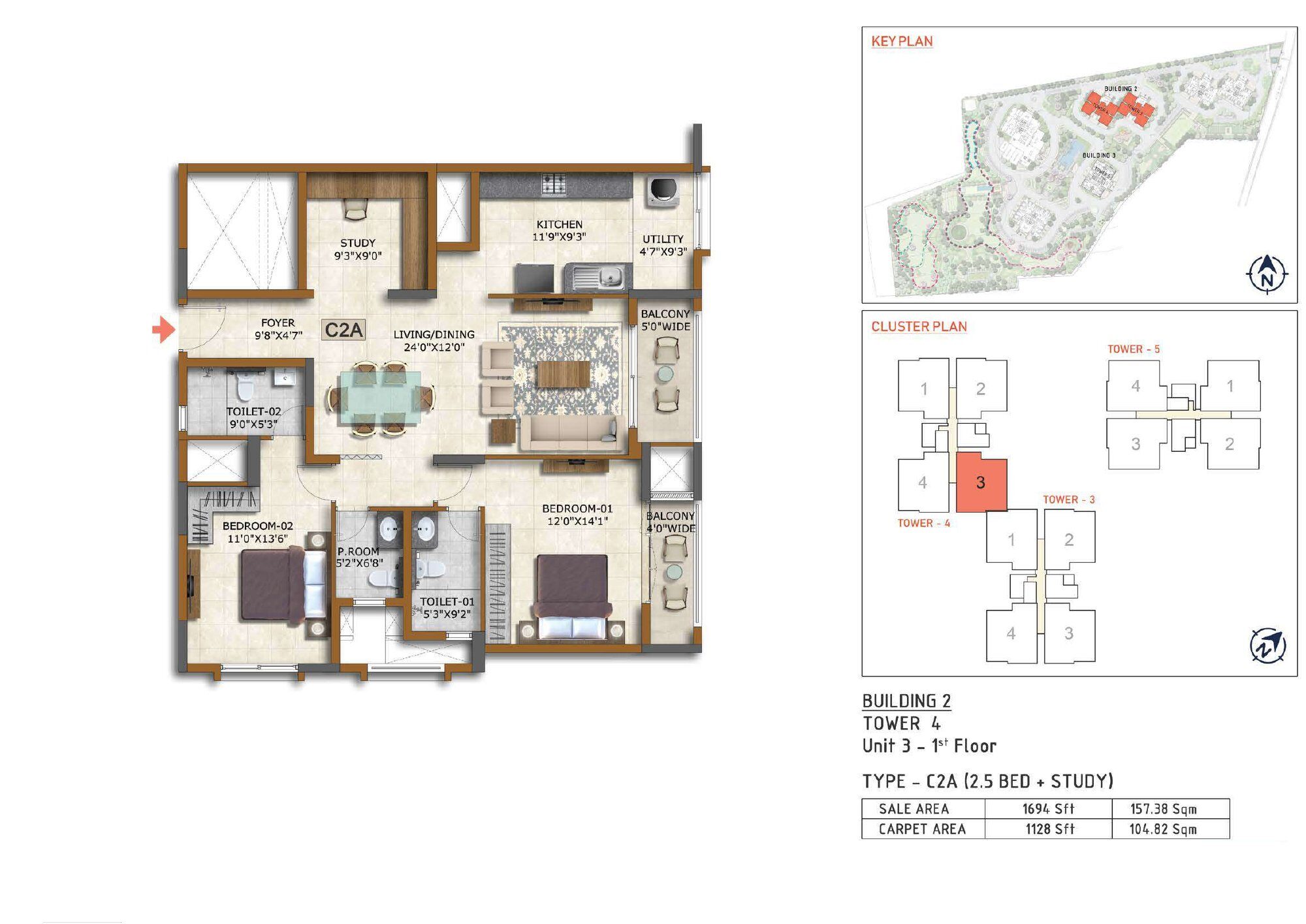 Prestige Waterford — Type C2A · 2.5 BHK — Saleable 1,694 sq ft, carpet 1,128 sq ft (p.23)