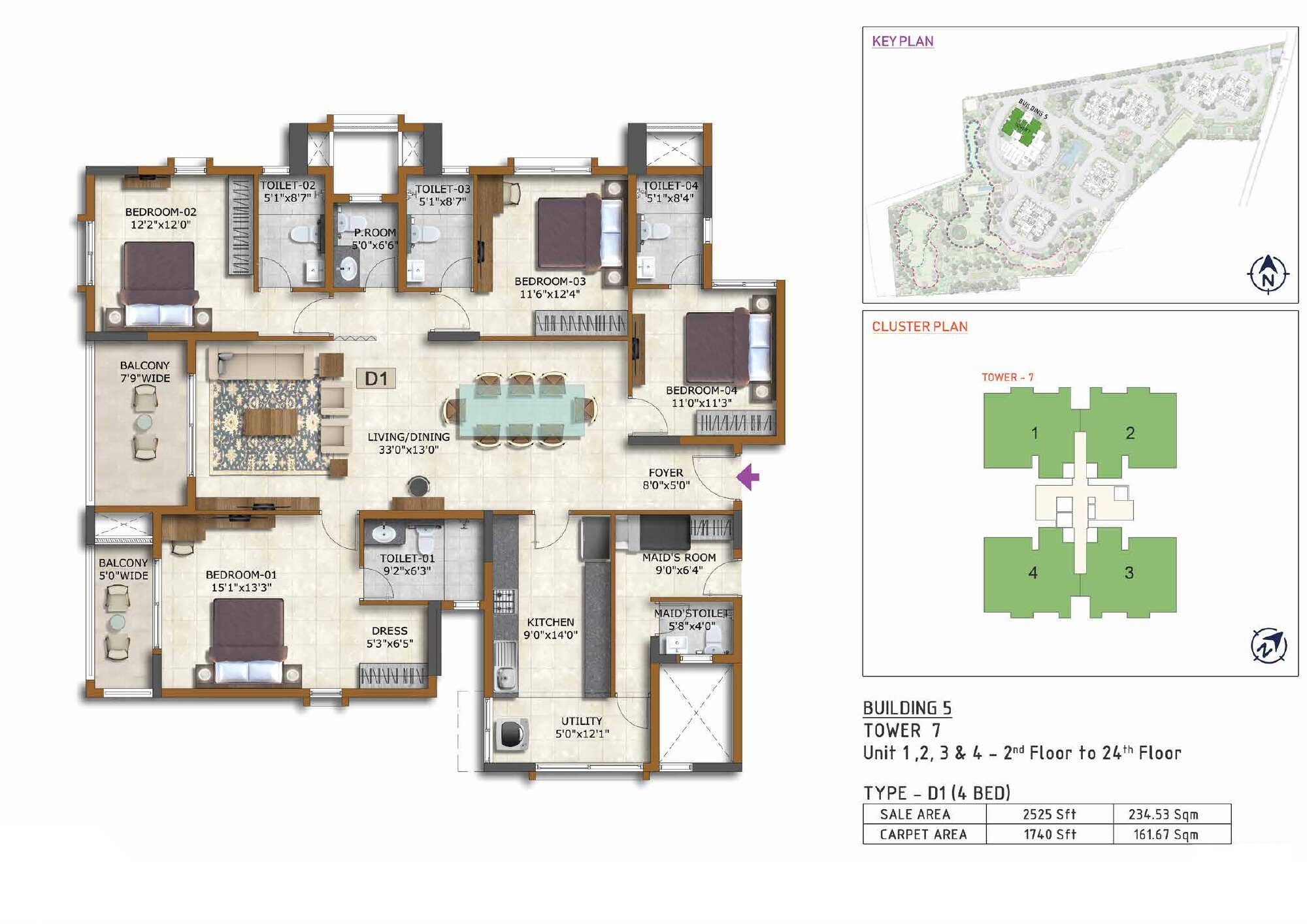 Prestige Waterford — Type D1 · 4 BHK — Saleable 2,525 sq ft, carpet 1,740 sq ft (p.24)