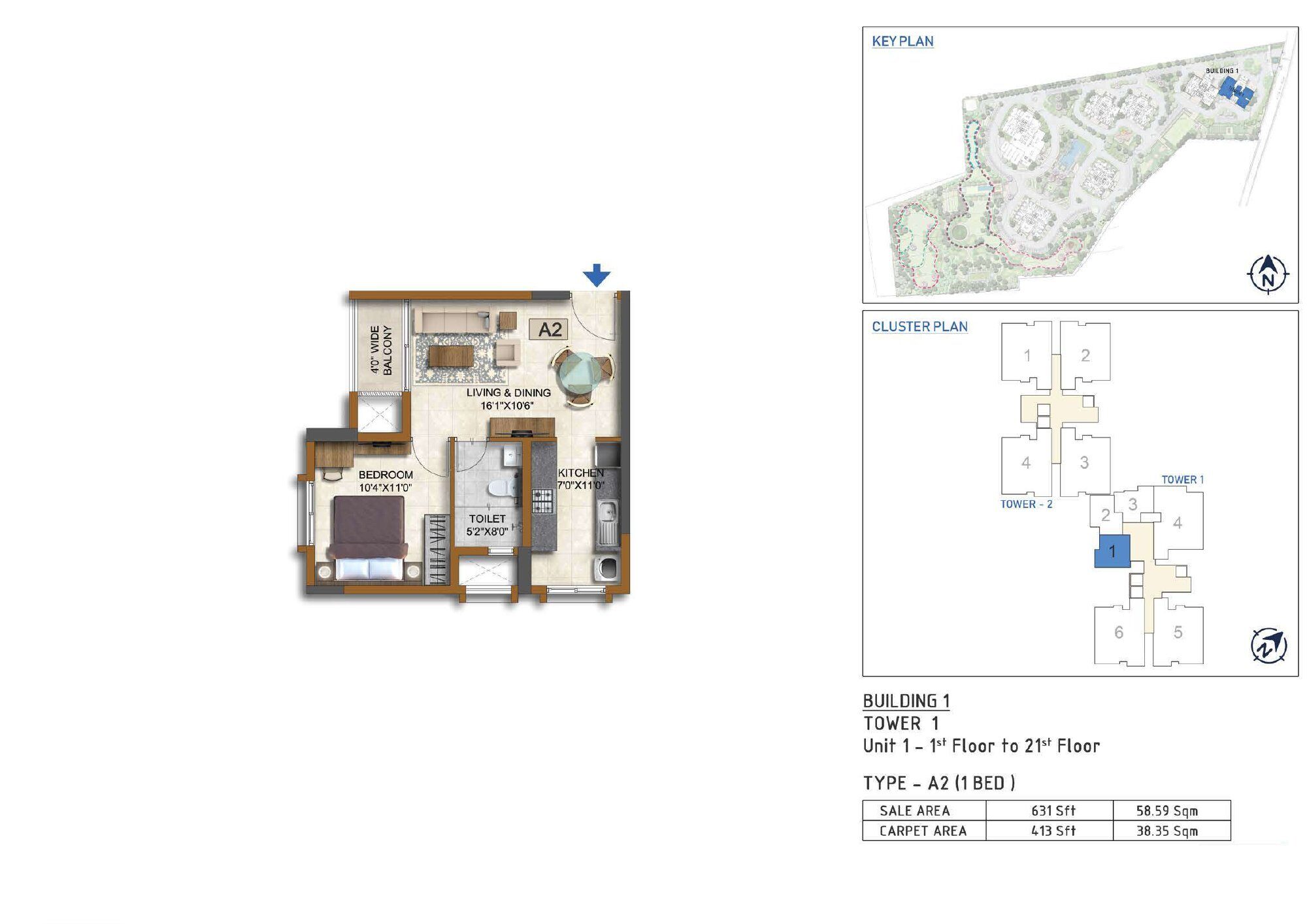 Prestige Waterford — Type A2 · 1 BHK — Saleable 631 sq ft, carpet 413 sq ft (p.12)