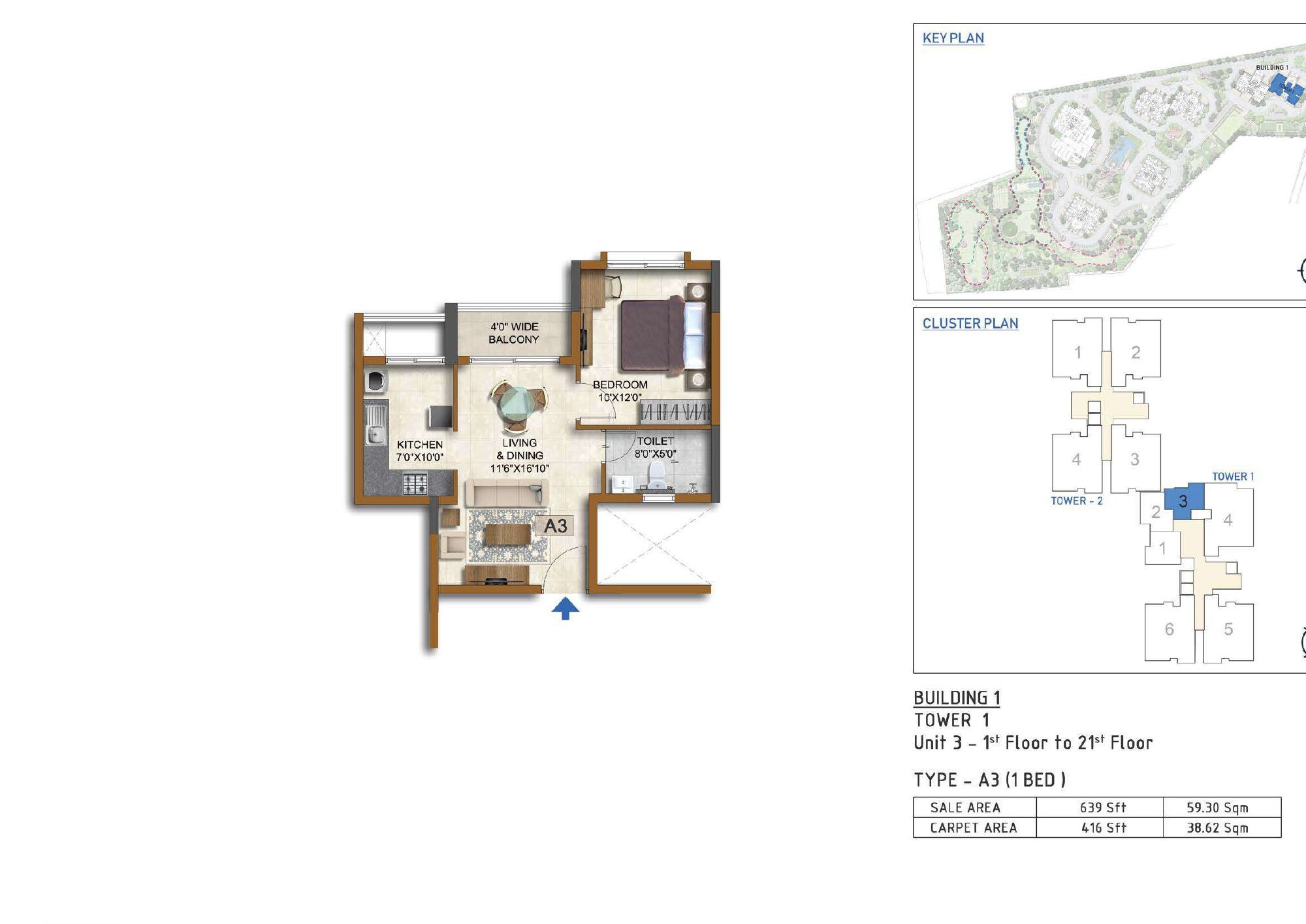 Prestige Waterford — Type A3 · 1 BHK — Saleable 639 sq ft, carpet 416 sq ft (p.13)