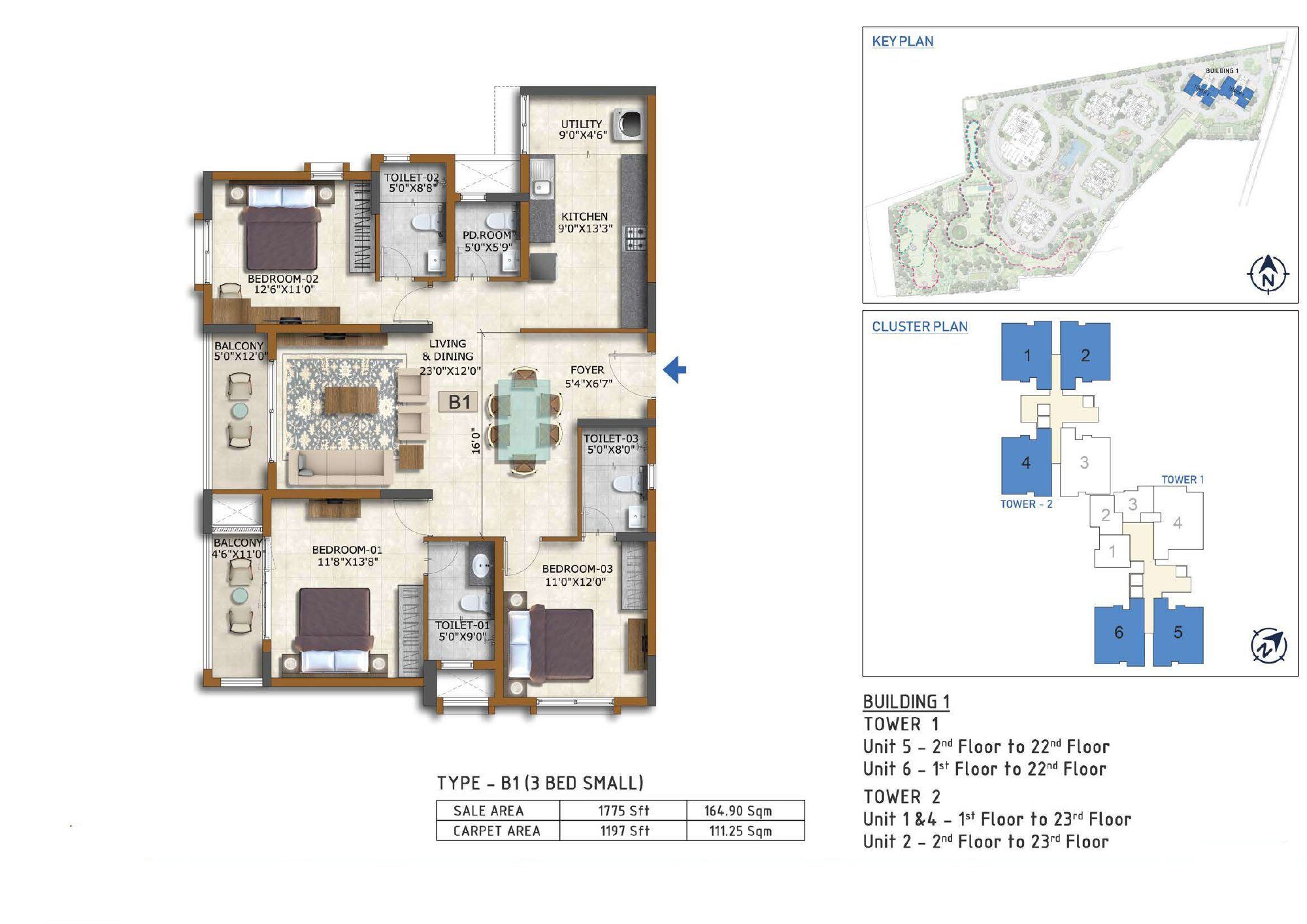 Prestige Waterford — Type B1 · 3 BHK — Saleable 1,775 sq ft, carpet 1,197 sq ft (p.14)