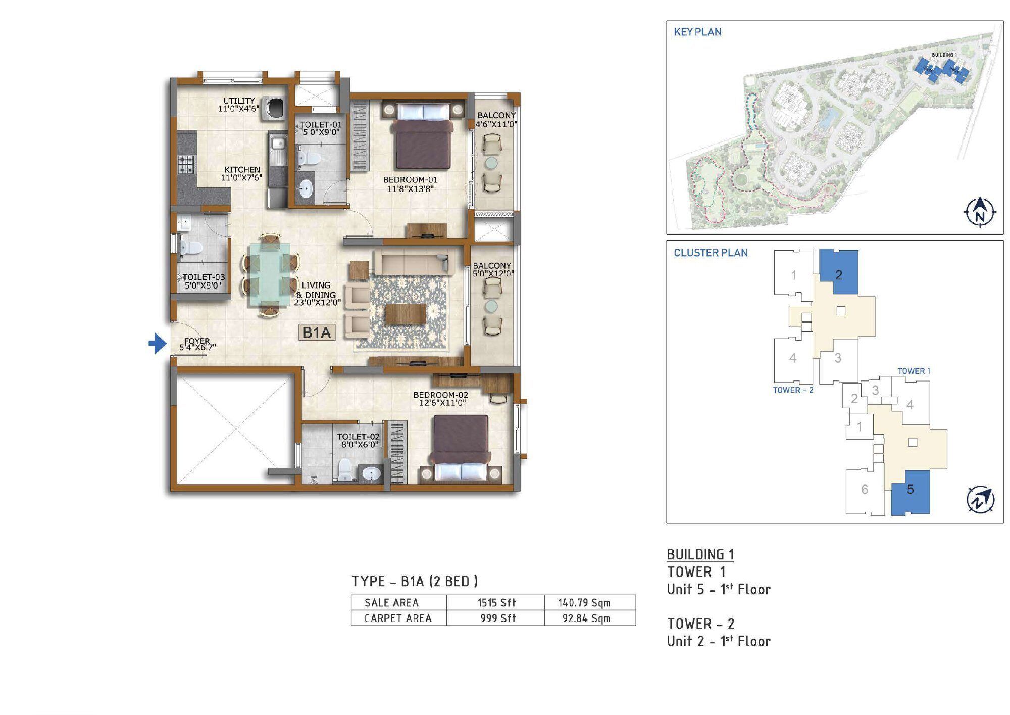Prestige Waterford — Type B1A · 2 BHK — Saleable 1,515 sq ft, carpet 999 sq ft (p.15)