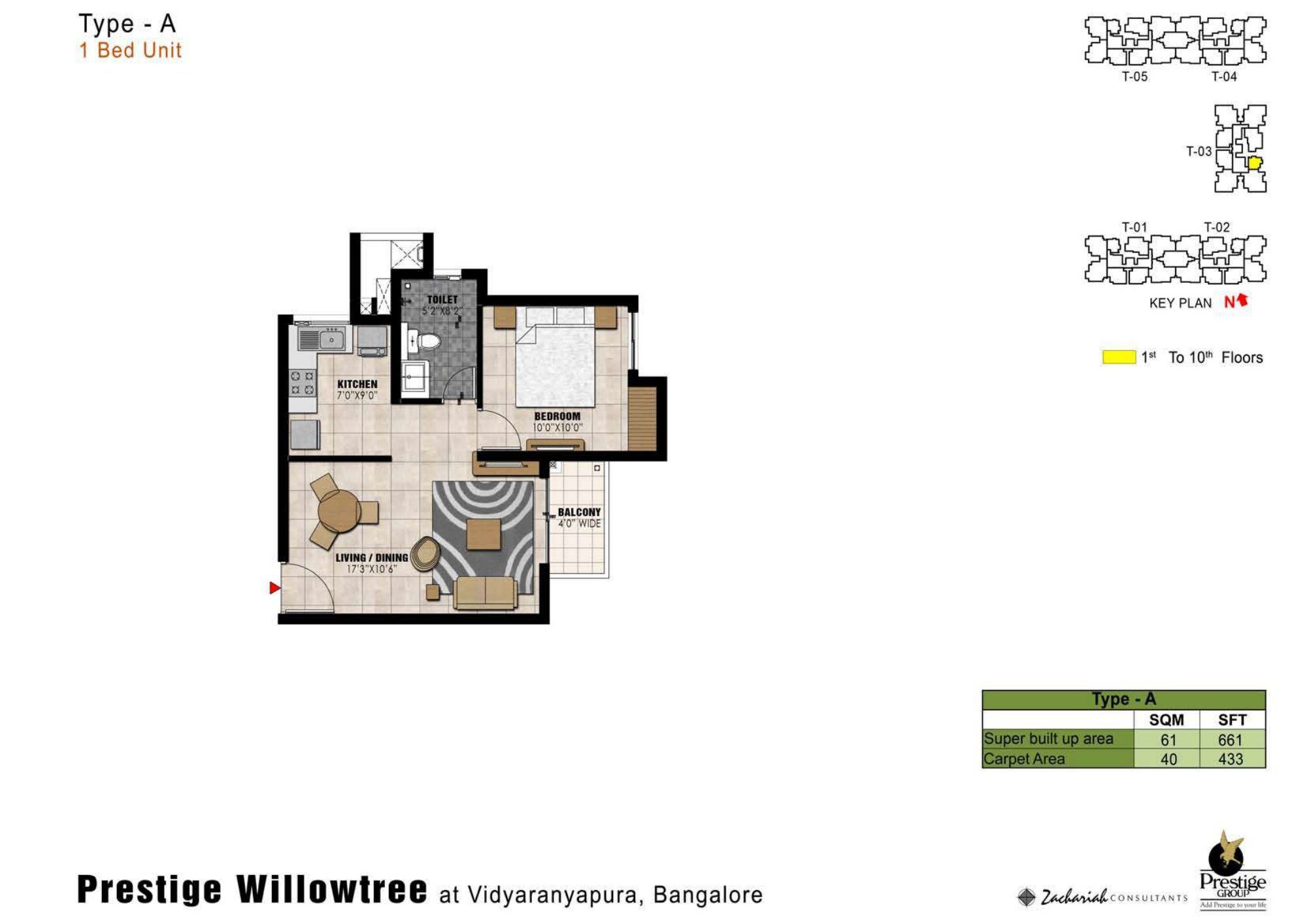 Prestige Willow Tree — Type A · 1 BHK — Super built-up 661 sq ft, carpet 433 sq ft (p.18)