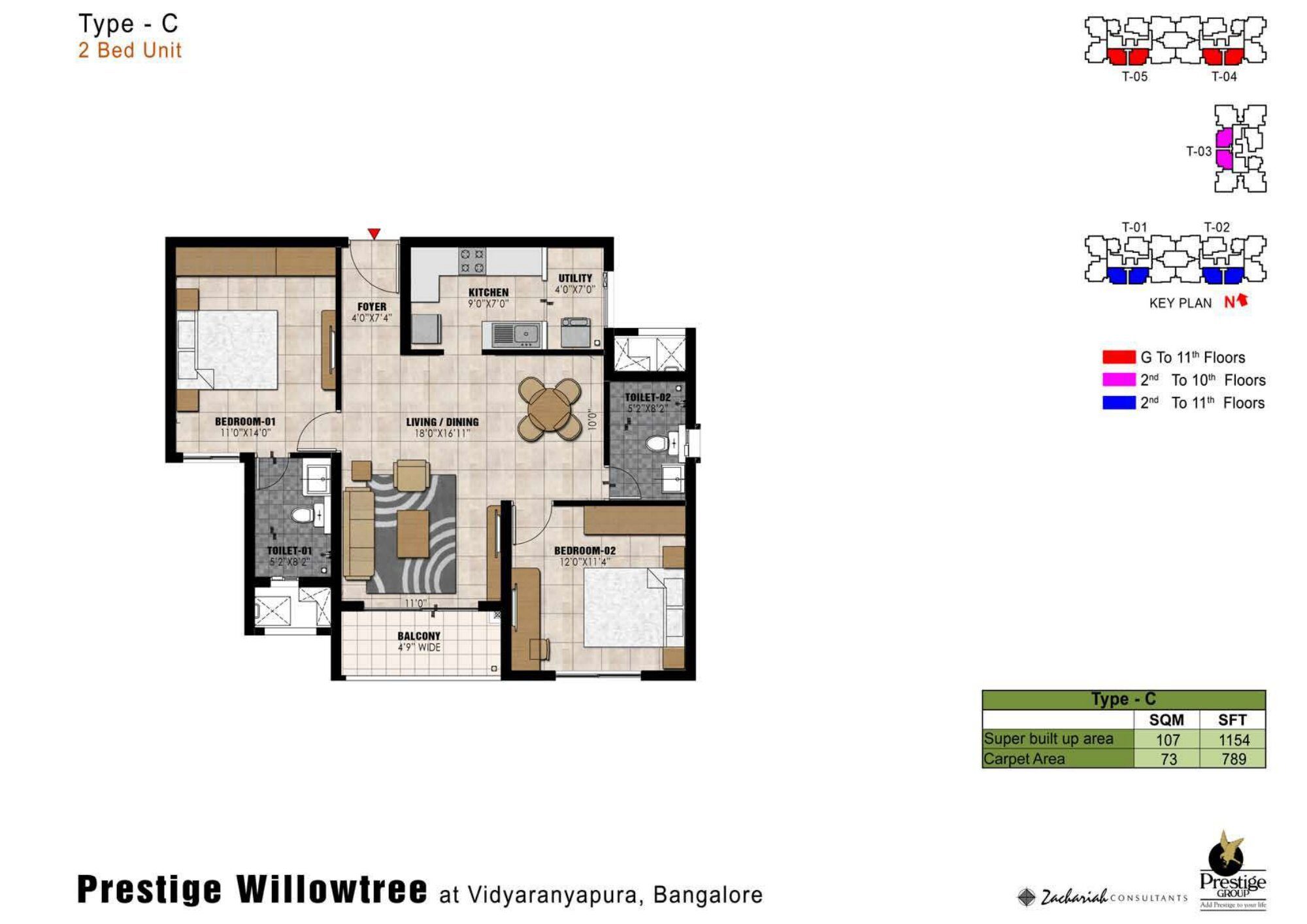 Prestige Willow Tree — Type C · 2 BHK — Super built-up 1,154 sq ft, carpet 789 sq ft (p.20)
