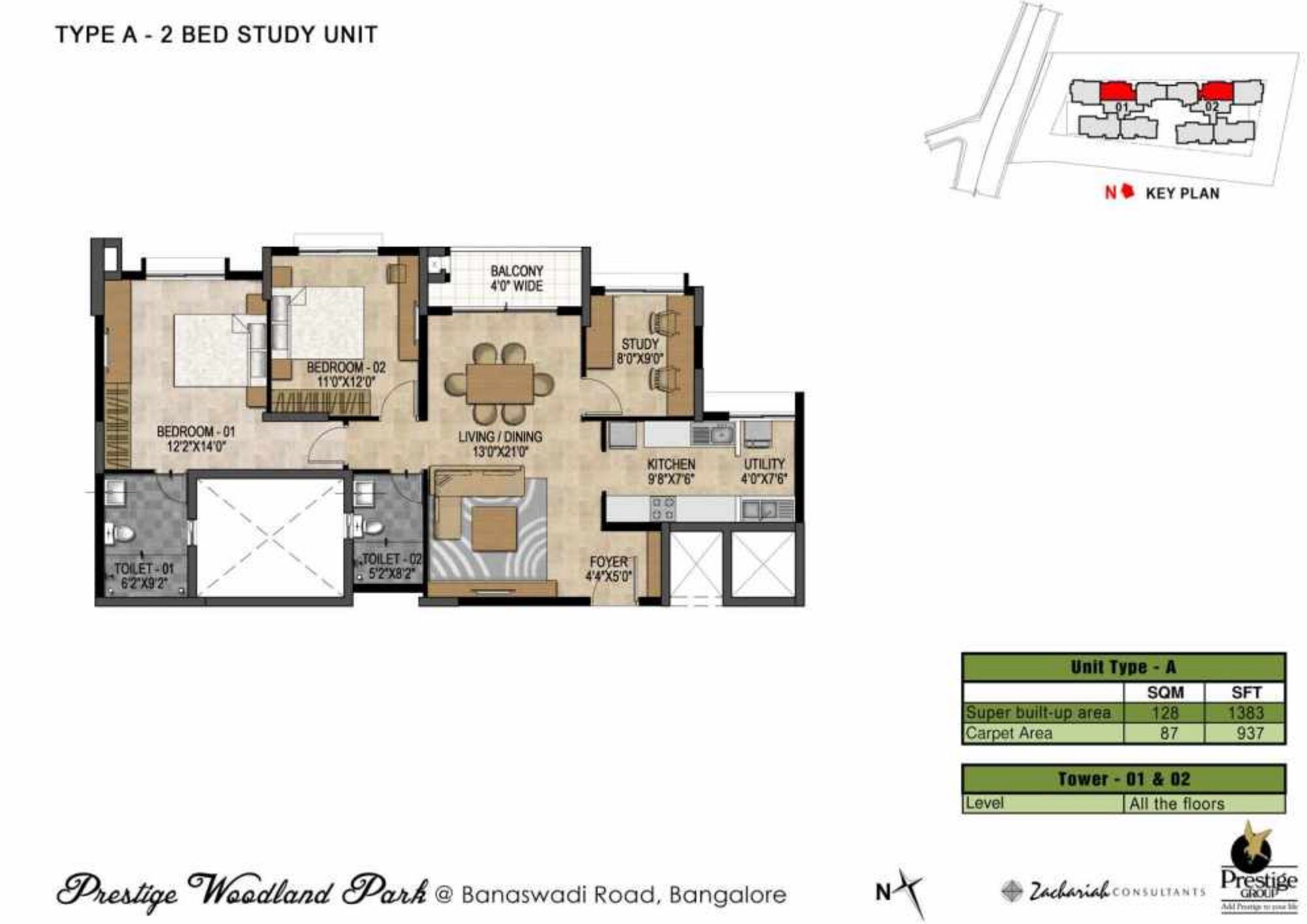 Prestige Woodland Park — Type A · 2 BHK — Super built-up 1,383 sq ft, carpet 937 sq ft (p.18)