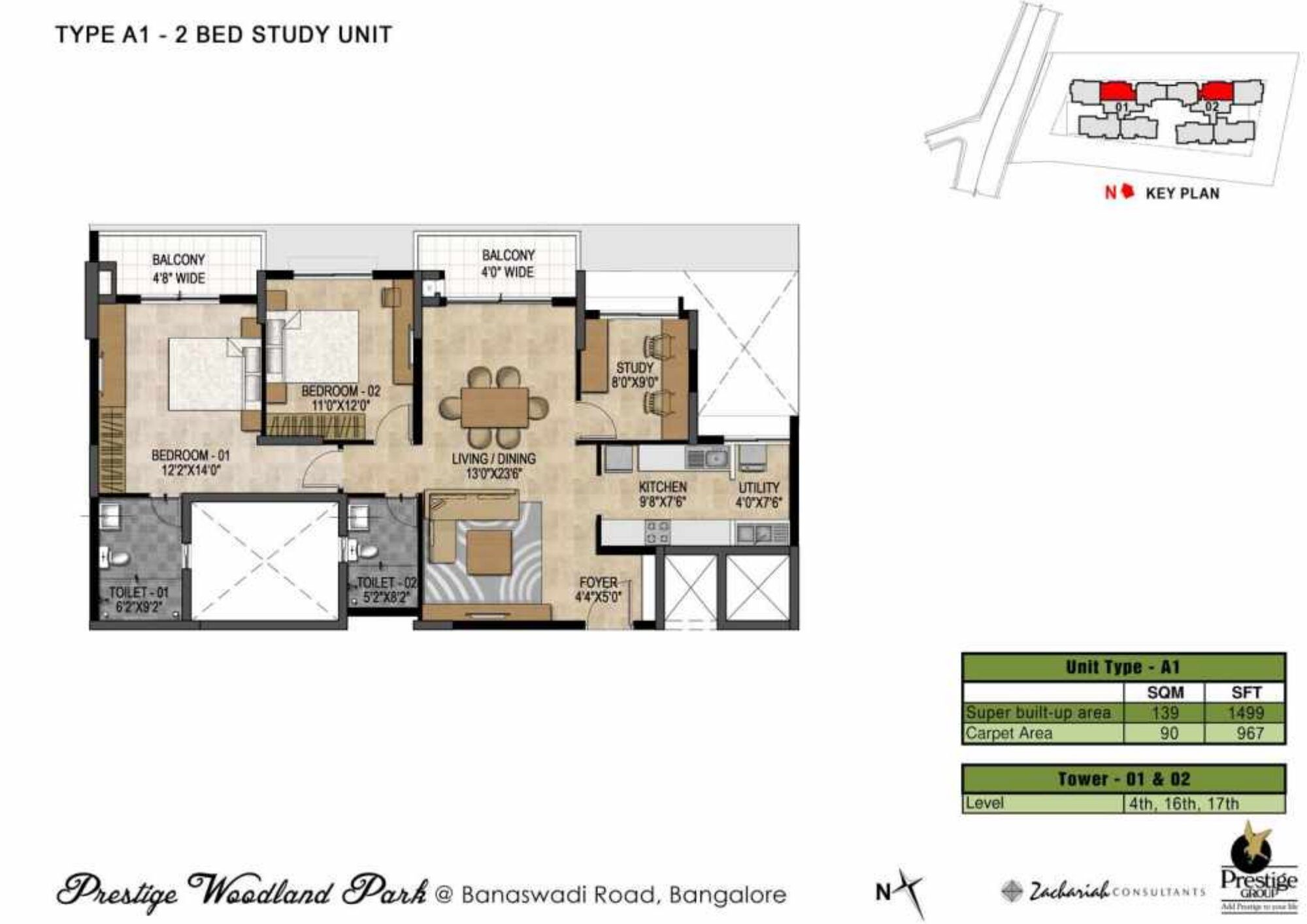 Prestige Woodland Park — Type A1 · 2 BHK — Super built-up 1,499 sq ft, carpet 967 sq ft (p.19)