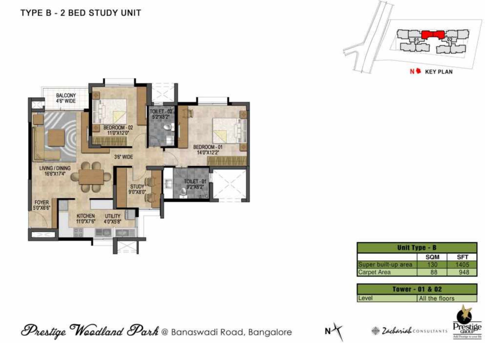 Prestige Woodland Park — Type B · 2 BHK — Super built-up 1,405 sq ft, carpet 948 sq ft (p.20)