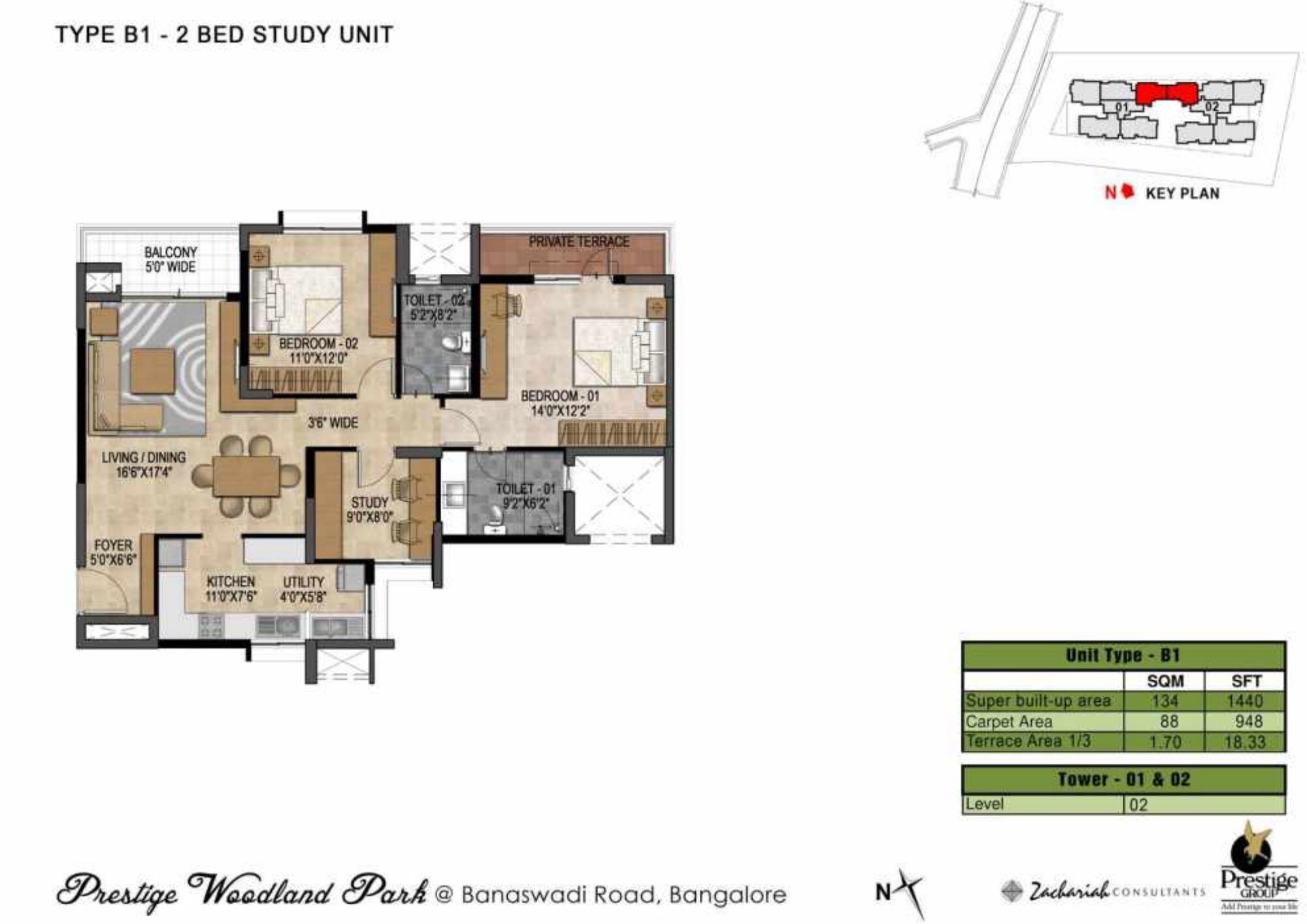 Prestige Woodland Park — Type B1 · 2 BHK — Super built-up 1,440 sq ft, carpet 948 sq ft (p.21)