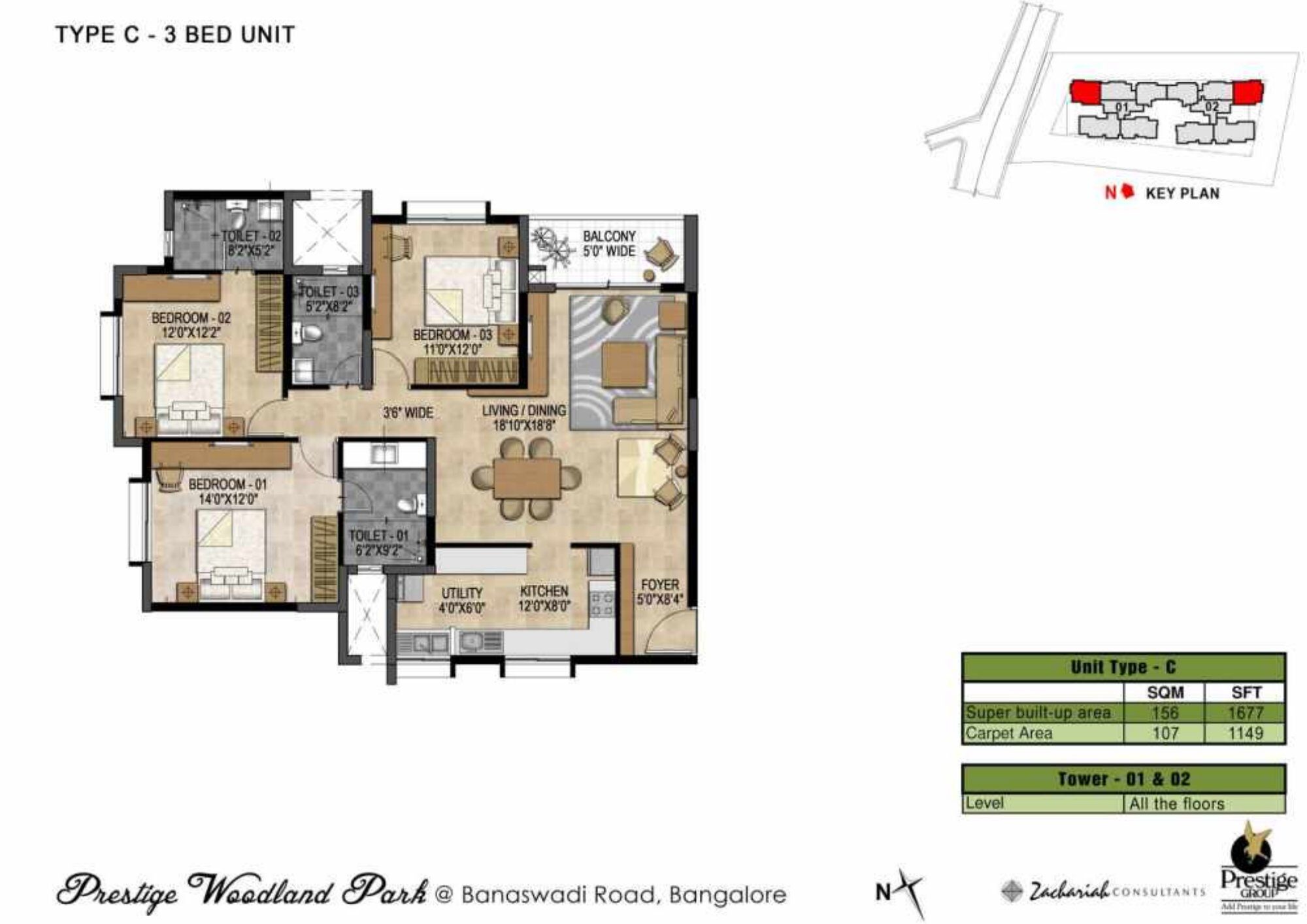 Prestige Woodland Park — Type C · 3 BHK — Super built-up 1,677 sq ft, carpet 1,149 sq ft (p.23)