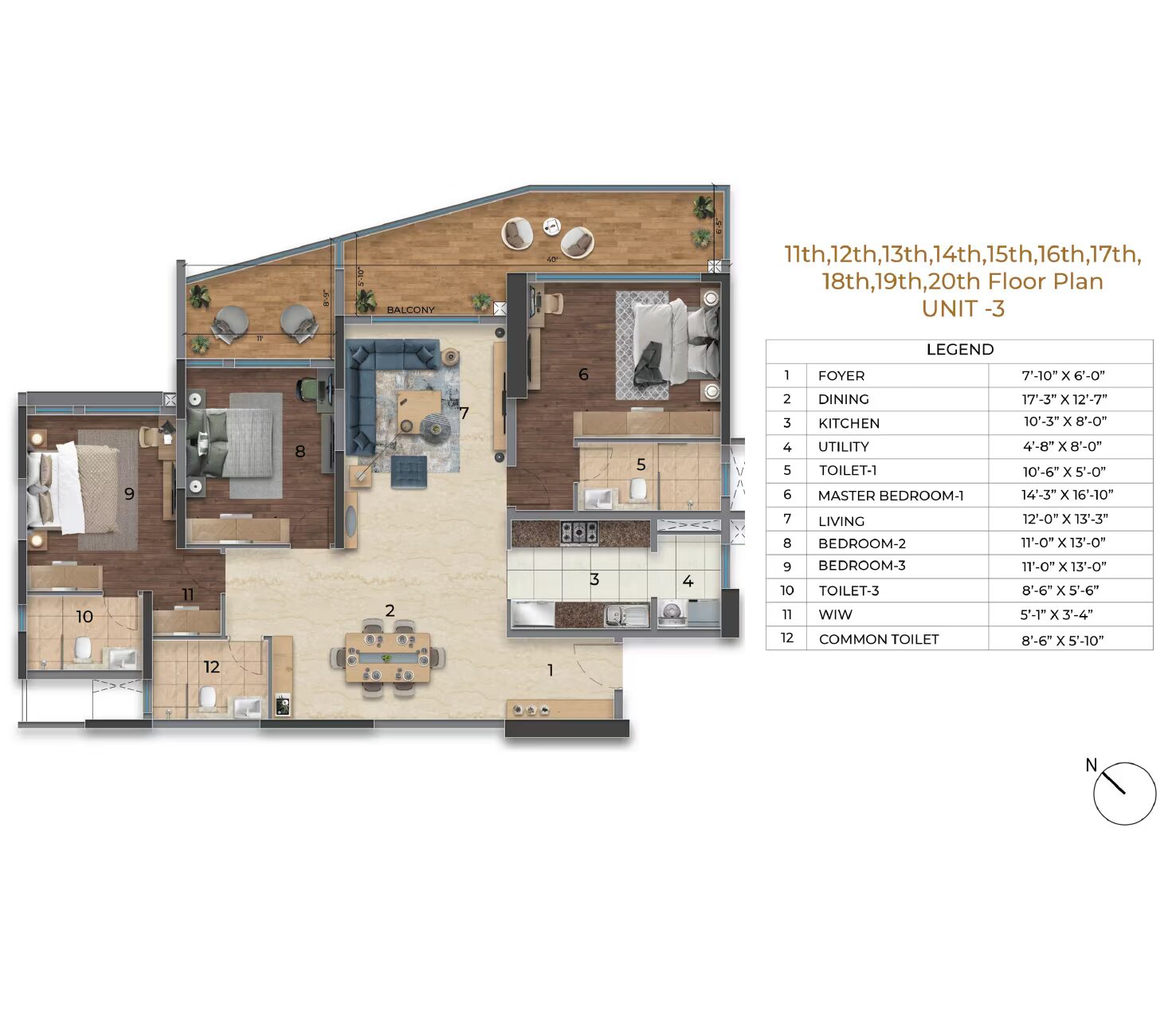 Purva Orient Grand — 3 BHK Typical Unit Plan