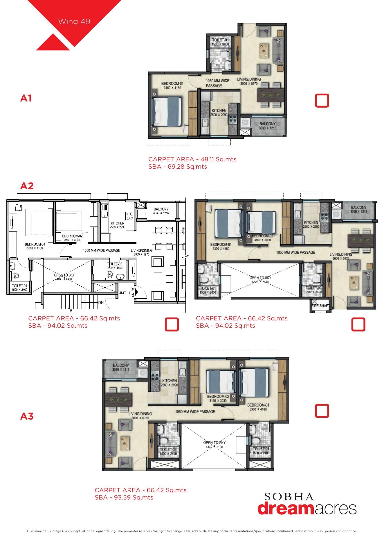 SOBHA DREAM ACRES — Units A1 (carpet 48.11 sq.m, SBA 69.28 sq.m), A2 (carpet 66.42 sq.m, SBA 94.02 sq.m), A3 (carpet 66.42 sq.m, SBA 93.59 sq.m)