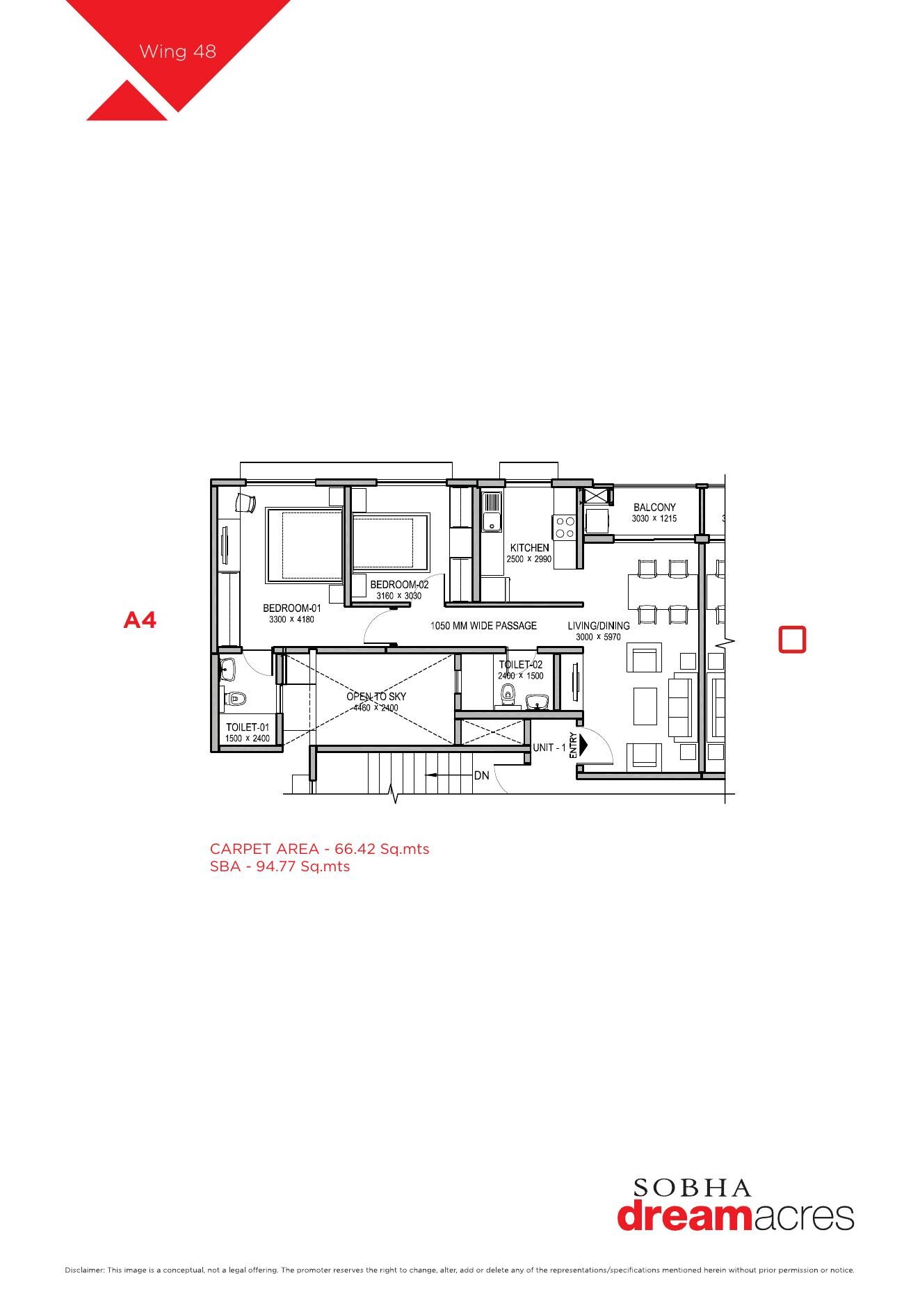 SOBHA DREAM ACRES — Unit A4 — carpet area 66.42 sq.m, SBA 94.77 sq.m