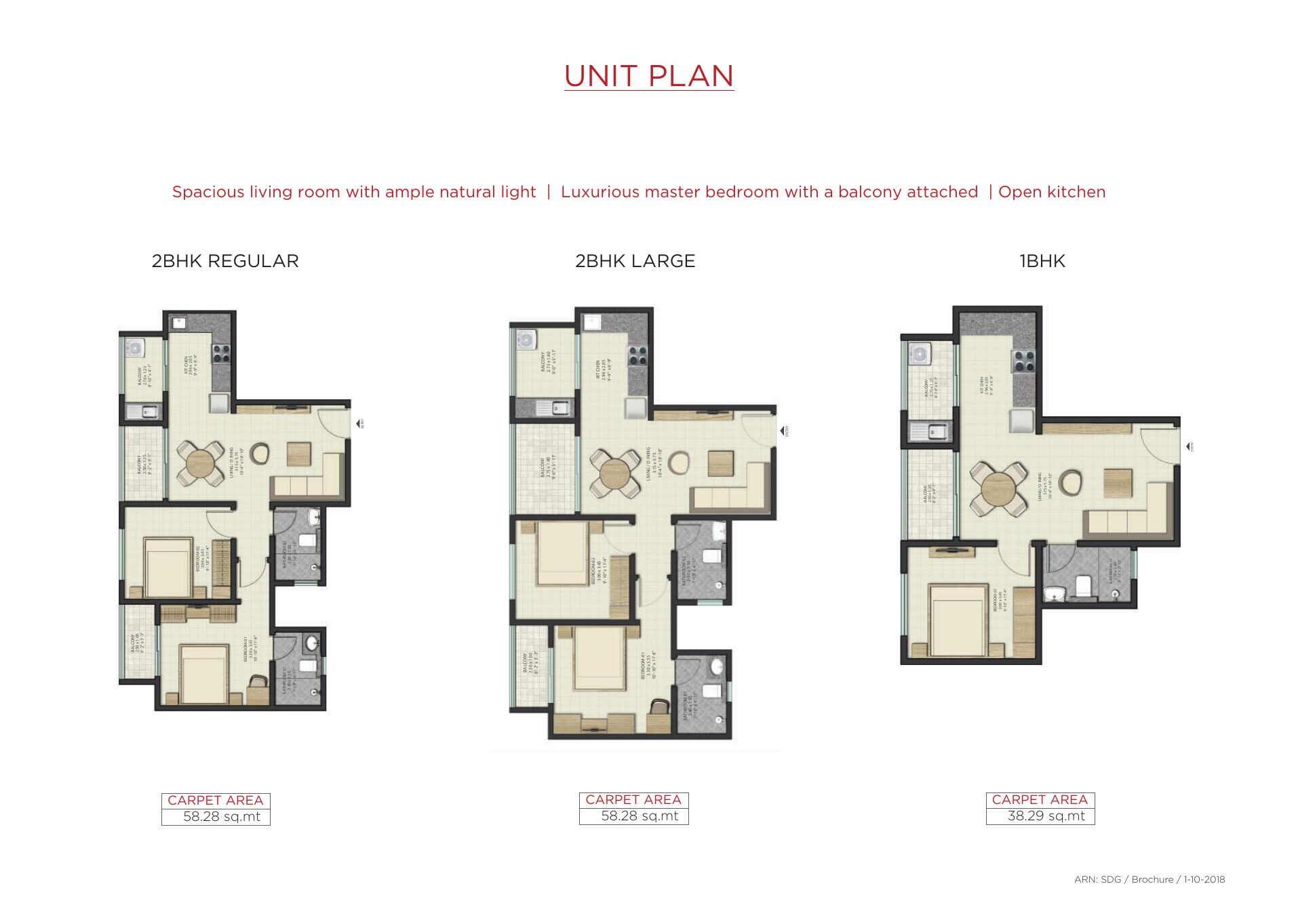 SOBHA DREAM GARDENS — Unit plans — 2BHK Regular, 2BHK Large, 1BHK (carpet areas printed: 58.28 sq.mt, 58.28 sq.mt, 38.29 sq.mt)